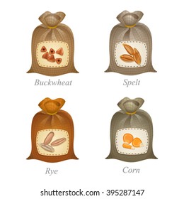 Four tied sacks with cereal labels on them
