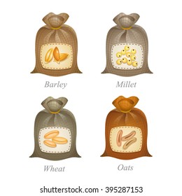 Four tied sacks with cereal labels on them
