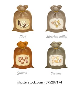 Four tied sacks with cereal labels on them
