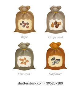 Four tied sacks with cereal and oil seeds labels on them
