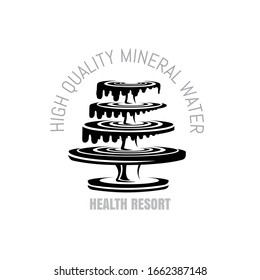 Four tier water fountain isolated on white. Vector logo or label for mineral watter or health resort