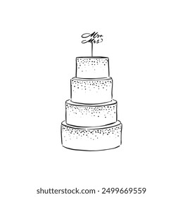 A four tier wedding cake with snow elements and topped with 'Mr and Mrs', baked and finished with fondant icing. Drawn by hand in black and white line. Vector. Cook, chef, pastry chef.