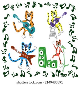 Four tiger musicians surrounded by musical symbols. Postcards, illustrations for children's books or prints for children's clothing