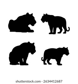Four tiger silhouettes in various poses including standing sitting and lying down on a white background