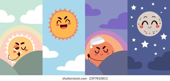 Four times of day vector illustration concept. Sun on the morning, day, afternoon and moon on night drawing
