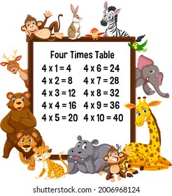 Four Times Table with wild animals illustration