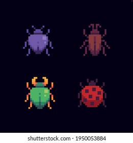 Four tiny pixel art bugs with different color and shape