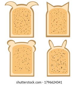 
Four toast in the form of animals teddy bear seal dogs hare food for children vector graphics