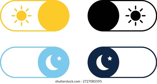 Quatro interruptores de alternância mostrando o sol e a lua em azul amarelo preto e noite marinha