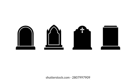 Four tombstone silhouettes with varying architectural designs on a white background silhouette gravestone headstone memorial cemetery