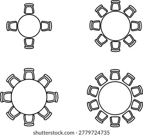 Four top down floor plan layouts of round dining tables with chairs for different seating capacities