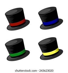 Four top hat vectors with red, blue green and yellow trims