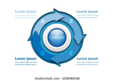 Four topics blue arrow chart in paper cut style with marble circle in center for website presentation cover poster vector design infographic illustration concept