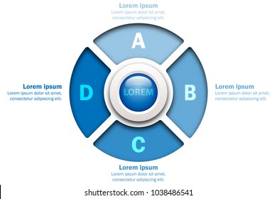 Four topics Blue chart in paper cut style with marble circle in center for website presentation cover poster vector design infographic illustration concept