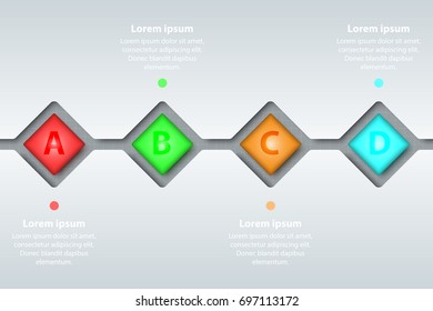 Four topics of colorful 3d fliped square in timeline carve white template on white grid for website presentation cover poster vector design infographic illustration concept