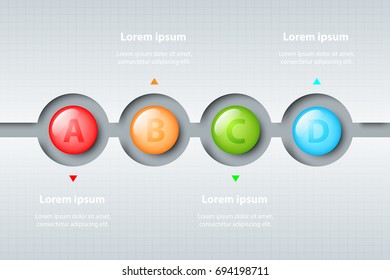 Four topics of colorful 3d marble circles in timeline carve white template for website presentation cover poster vector design infographic illustration concept