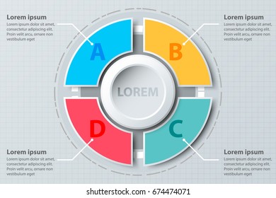 Four topics colorful pie chart 3d paper with circle in center for website presentation cover poster vector design infographic illustration concept