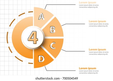 Four Topics Of Orange Half Pie Chart With 3d Paper Circle In Center For Website Presentation Cover Poster Vector Design Infographic Illustration Concept