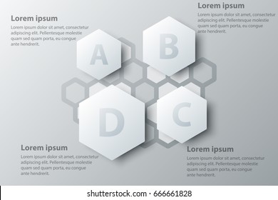 Four topics simple white hexagon 3d paper for website presentation cover poster vector design info graphic illustration concept