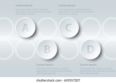 Four topics simple white paper 3D circle on sequence for website presentation cover poster vector design info graphic illustration concept