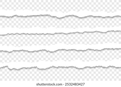 Quatro tiras de papel rasgado com bordas realistas e fundo transparente para o projeto
