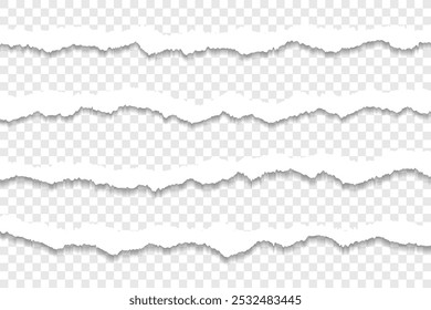 Vier zerrissene Papierstreifen mit rauen Kanten auf transparentem Hintergrund für kreative Projekte