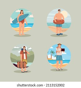 four tourist on the beach scene