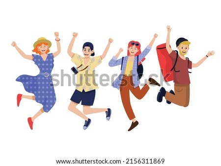 Four tourists jump in mid-air, vector illustration