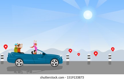 
Four tourists sit on the convertible to go on the map. With mountains and sun as the background