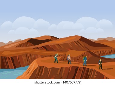 Four tourists are walking on the desert mountain. There are brown mountains and cubes in the background.