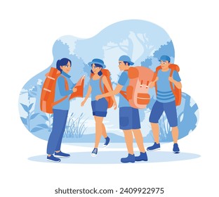 Four tourists were lost in the forest. Using a map to find the way and a backpack containing the necessities for the night. Tourist Guide concept. Trend Modern vector flat illustration