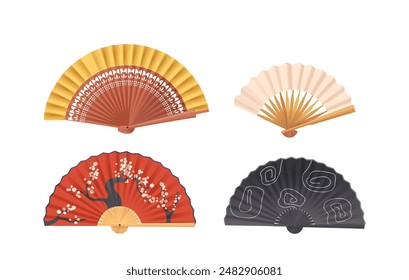 Vier traditionelle asiatische Handventilatoren mit diversen Designs. Jeder Ventilator ist einzigartig dekoriert, Vektorillustration