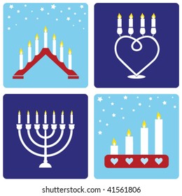 Four traditional Christmas candleholders on blue background.