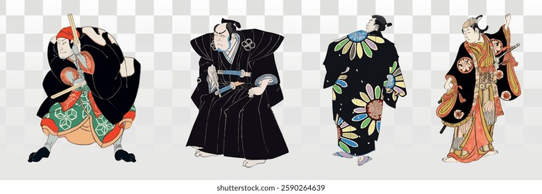 Four traditional Japanese figures in colorful kimonos, showcasing intricate patterns and historical attire. Japanese art, traditional clothing, kimonos. Asian illustrations, element set.