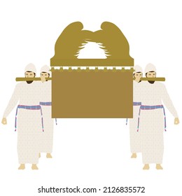 Four traditionally dressed Jewish priests carry on their shoulders the Ark of the Covenant that was in the Temple and in the tabernacle made of gold. Flat vector illustration on a white background