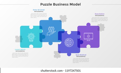 Four translucent jigsaw puzzle pieces with thin line icons inside placed into horizontal row and intersected. Concept of 4-stepped business challenge. Infographic design template. Vector illustration.