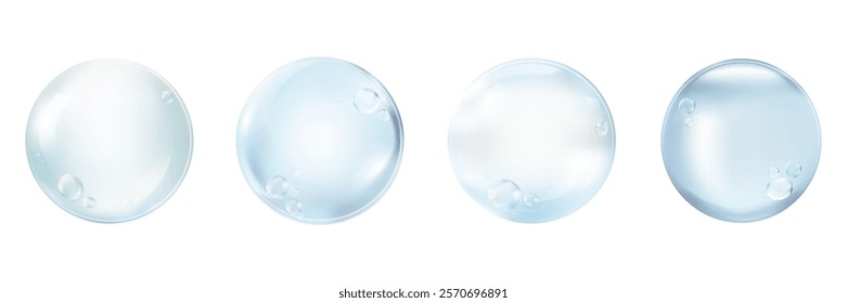 Four translucent soap bubbles, round and glossy. Bubbles reflect light, creating a shiny, transparent effect. Bubbles appear delicate and airy, floating in space. Element vector collection.