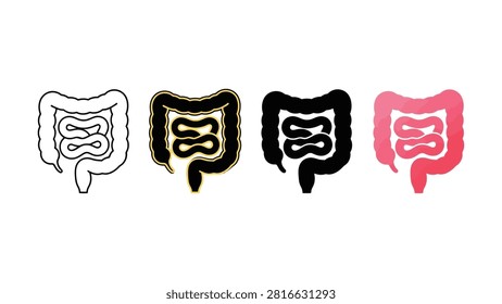 Four transparent background icons showing intestines in white black yellow and pink colors