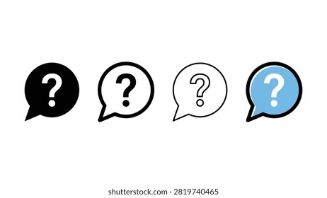 Four transparent background speech bubbles containing question marks in black white and blue tones