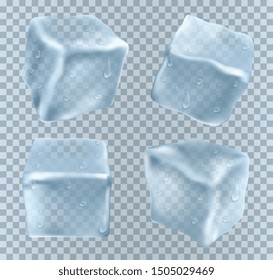four transparent ice cubes in blue colors. vector illustration