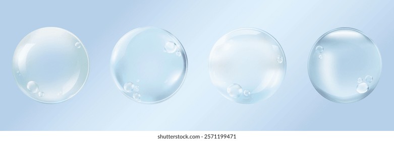 Four transparent soap bubbles on a light blue background. Each bubble is round and glossy, reflecting light. Bubbles are delicate and airy. Element vector collection.