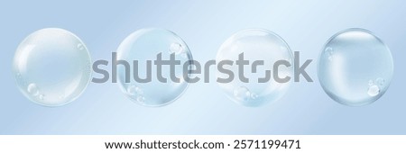 Four transparent soap bubbles on a light blue background. Each bubble is round and glossy, reflecting light. Bubbles are delicate and airy. Element vector collection.