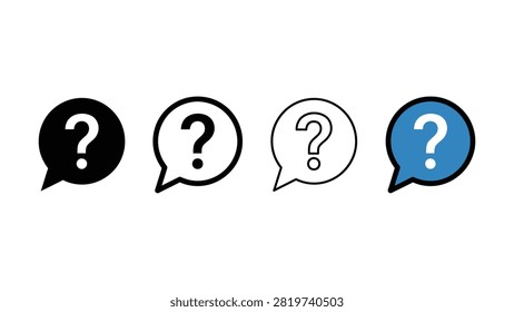 Four transparent speech bubbles containing question marks in black white outline and blue fill