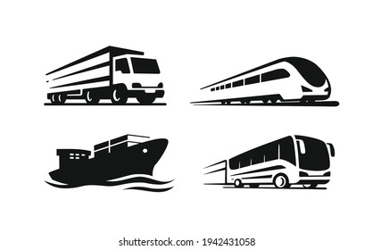 Four transport vehicles. Ship, truck, bus, train