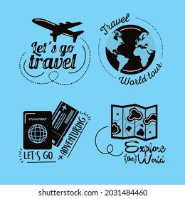 four travel letterings with icons