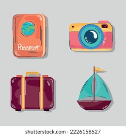 four travel vacations set icons svg