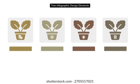 Cuatro diagramas de árbol con íconos de dólares, objetivos, ideas y premios para presentaciones o infografías