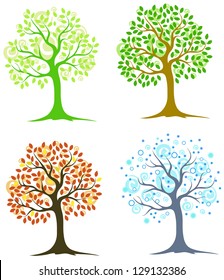 four trees in different seasons on a white background