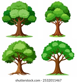 Four trees of different sizes and shapes are shown in a field. The trees are all green and have leaves. The trees are all different sizes and shapes, with some being taller and others shorter