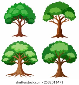 Four trees of different sizes and shapes are shown in a row. The trees are all green and have brown trunks. Concept of growth and life, as the trees are all at different stages of development